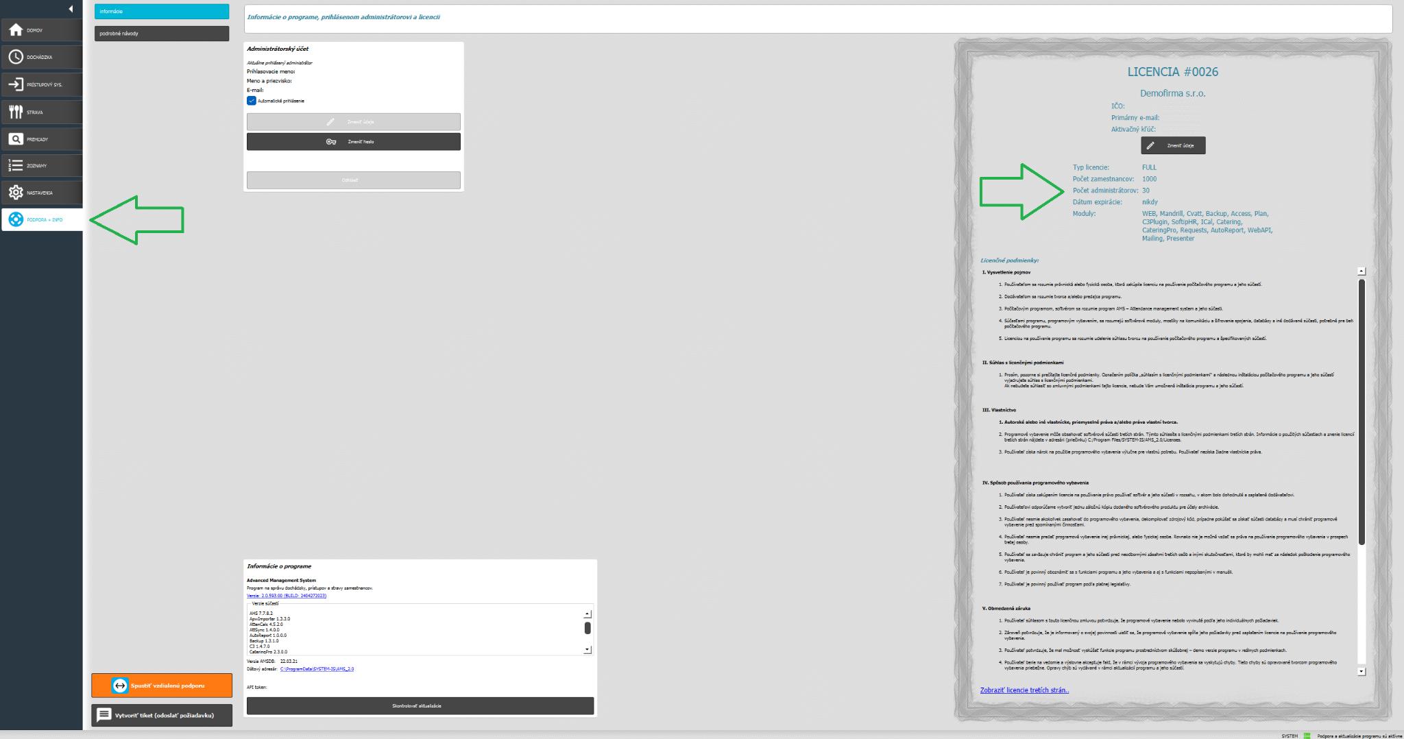 Licencia v karte Podpora + INFO