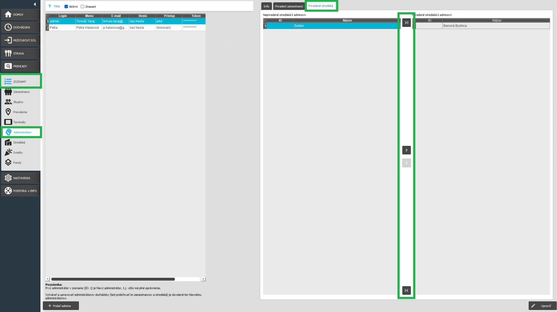 Zoznamy - Administrátori - priradenie stredísk