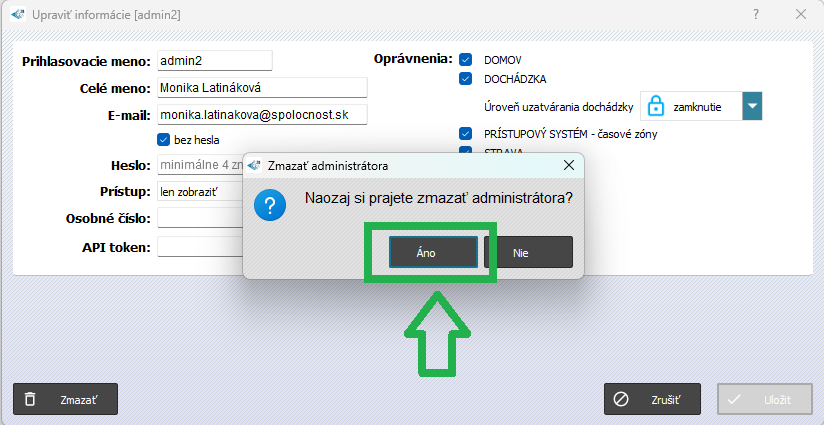 Zoznamy - Administrátori - karta admina - zmazať - potvrdiť