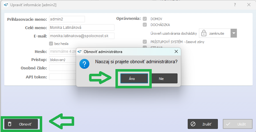Zoznamy - Administrátori - karta administrátora - obnoviť admina