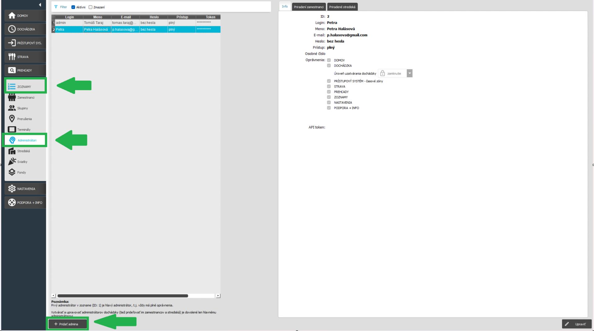 Zoznamy - Administrátori - pridať administrátora