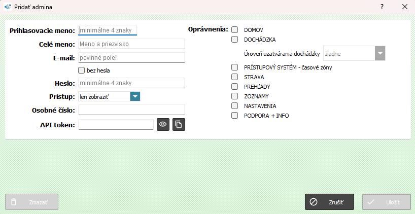 Zoznamy - Administrátori - pridať administrátora - nastavenie
