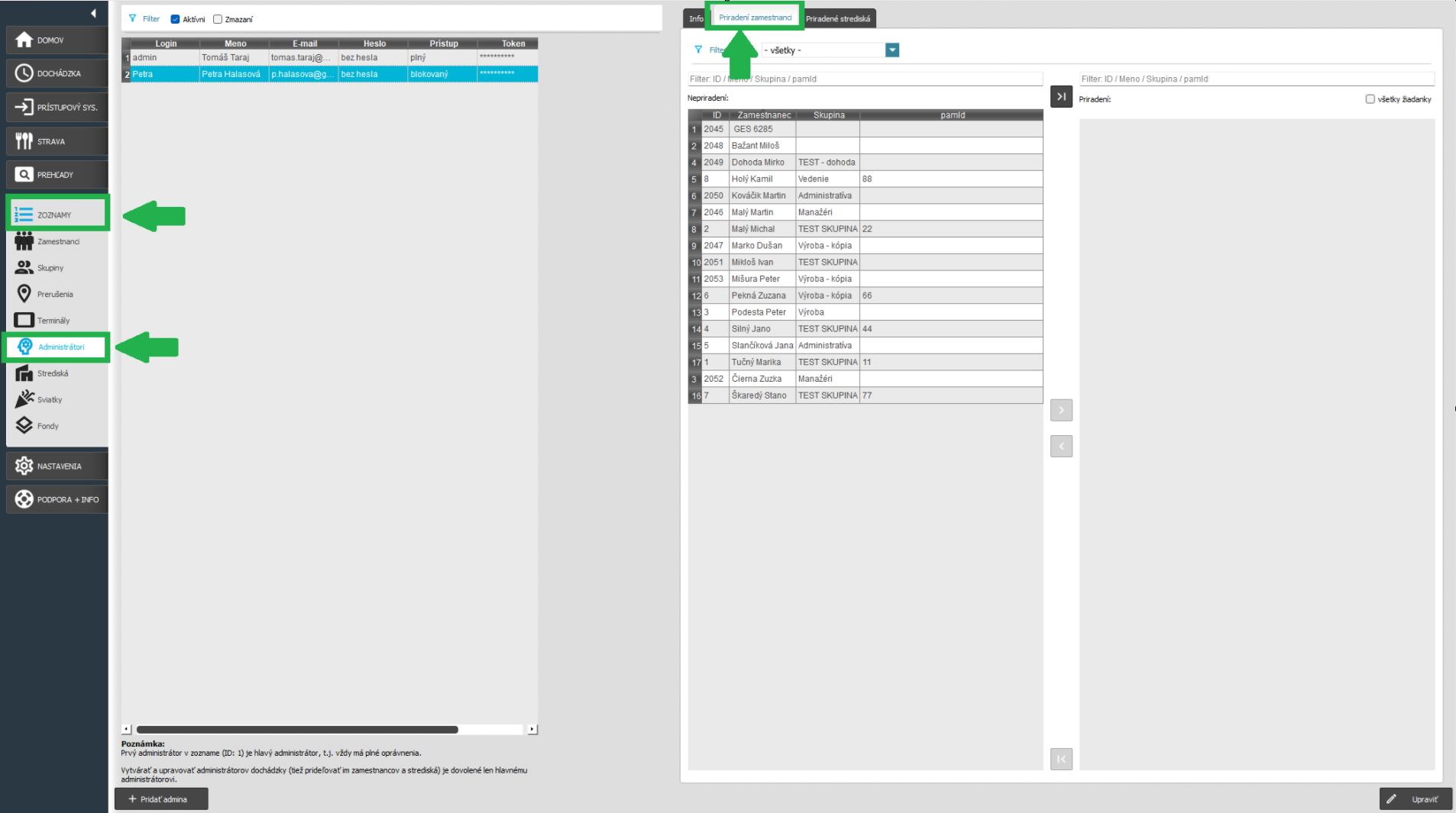 Zoznamy - Administrátori - priradenie zamestnancov