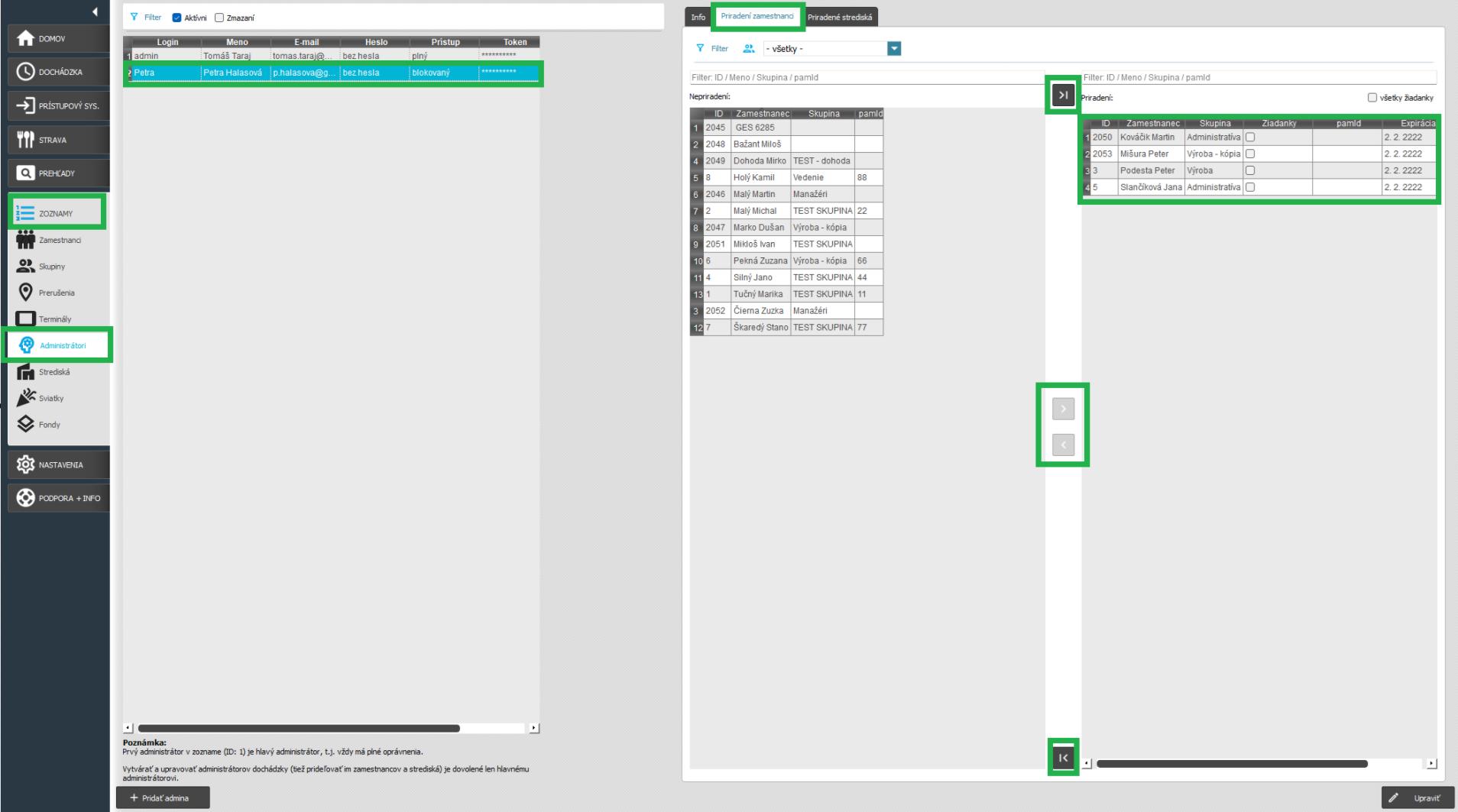 Zoznamy - Administrátori - priradenie zamestnancov