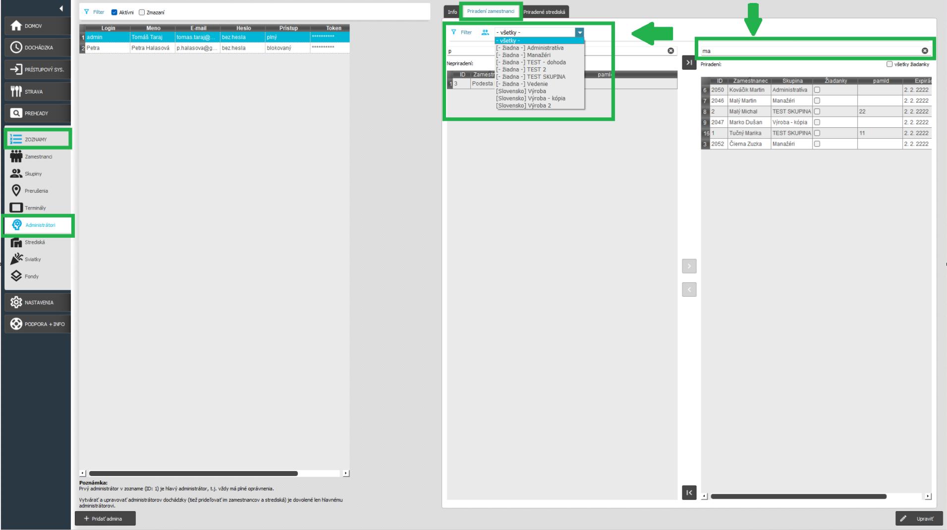 Zoznamy - Administrátori - priradenie zamestnancov - filtre