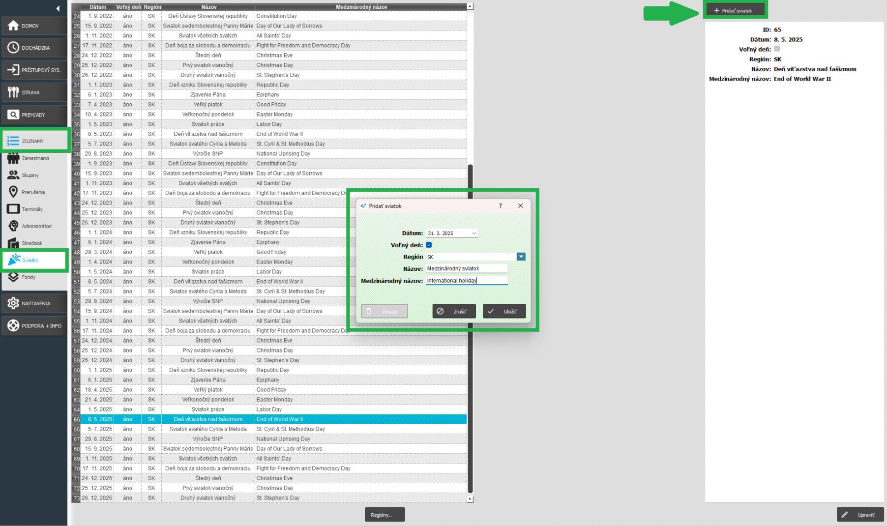 Zoznamy - Sviatky - pridať sviatok