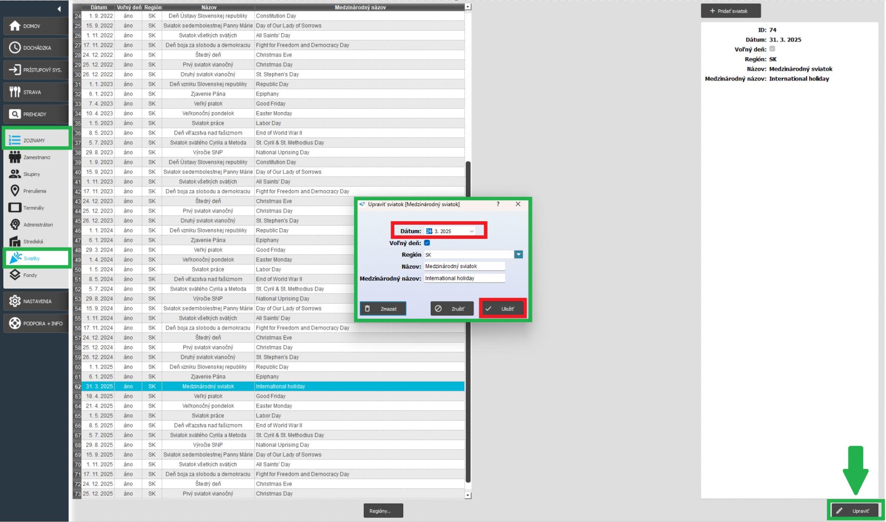 Zoznamy - Sviatky - upraviť sviatok