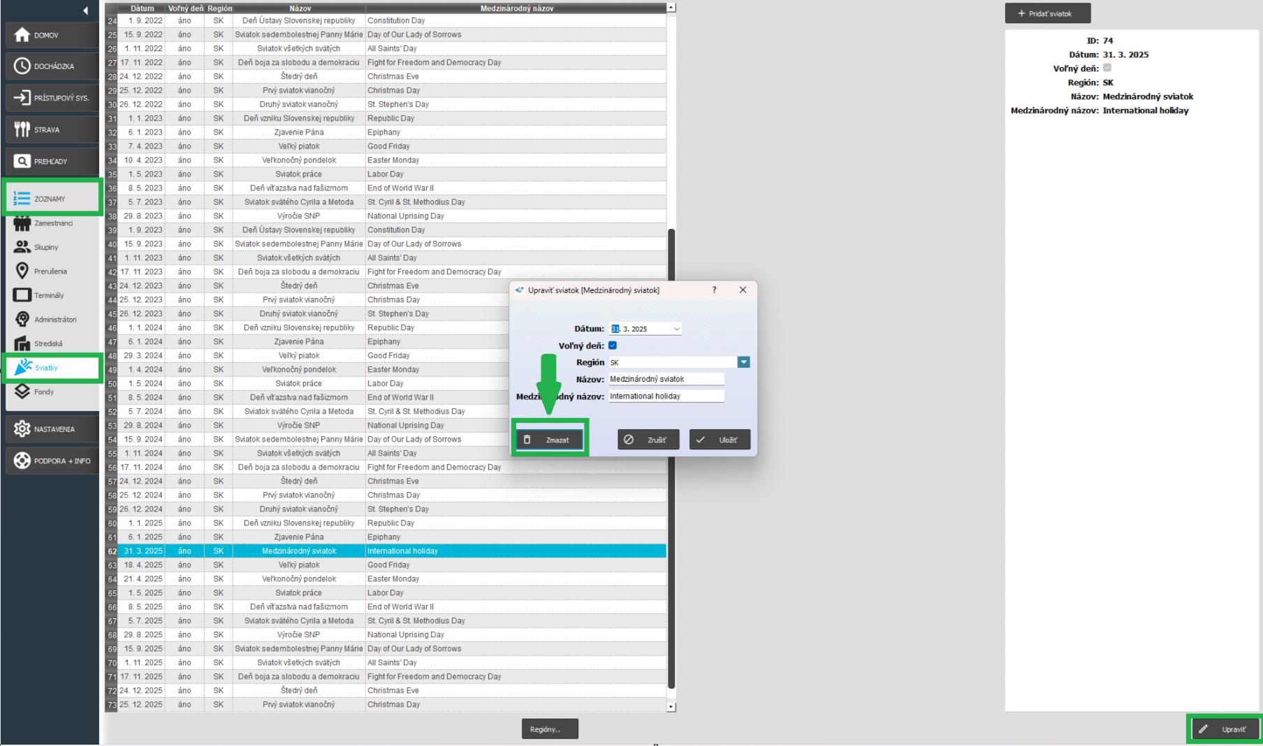 Zoznamy - Sviatky - Zmazať sviatok