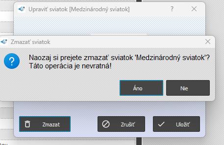 Zoznamy - Sviatky - Zmazať sviatok - hlásenie