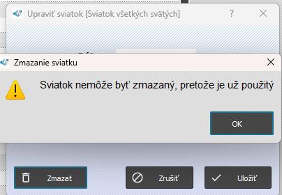 Zoznamy - Sviatky - Zmazať sviatok - hlásenie - nemôže byť zmazaný