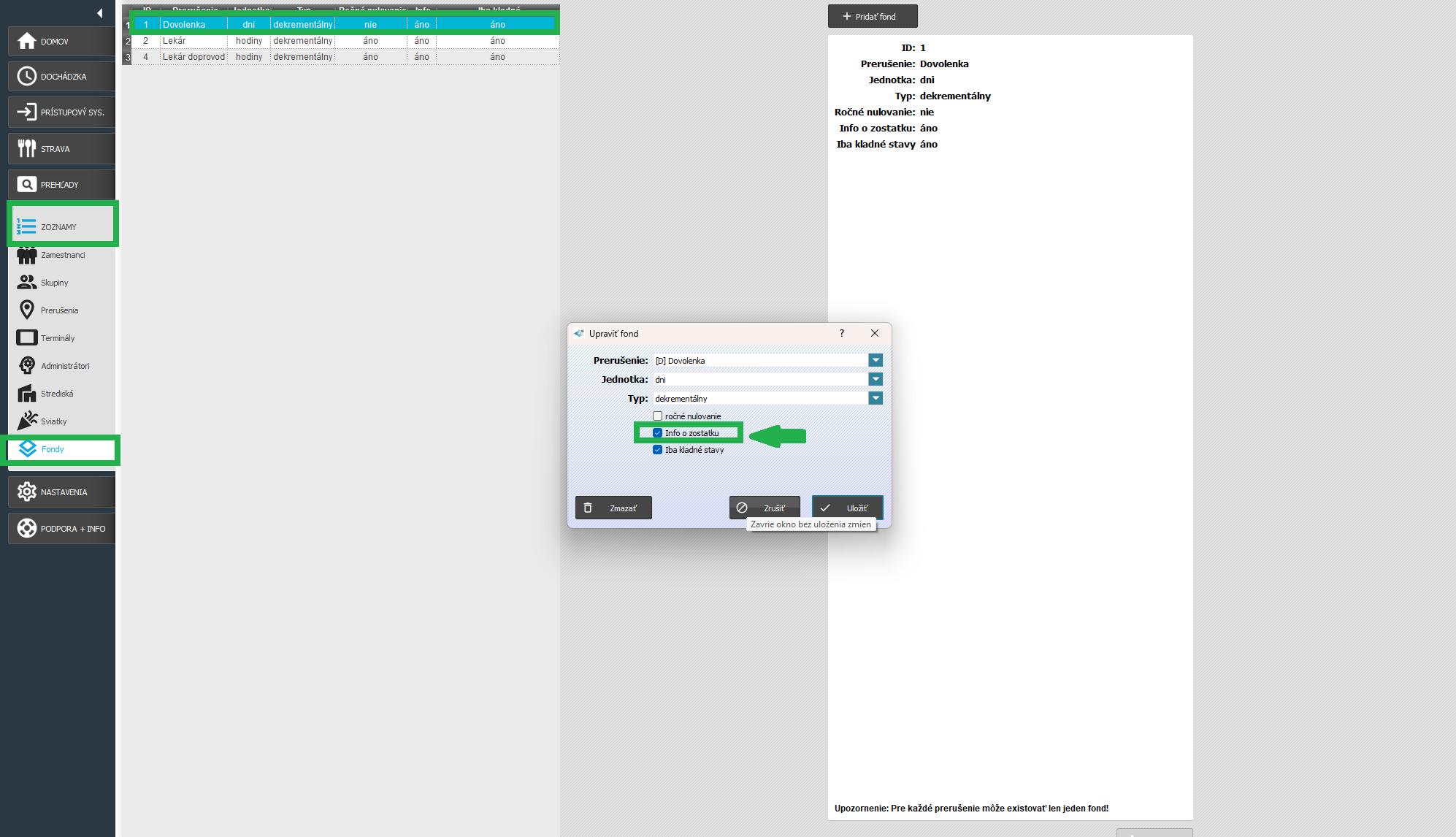 Info o zostatku - nastavenie