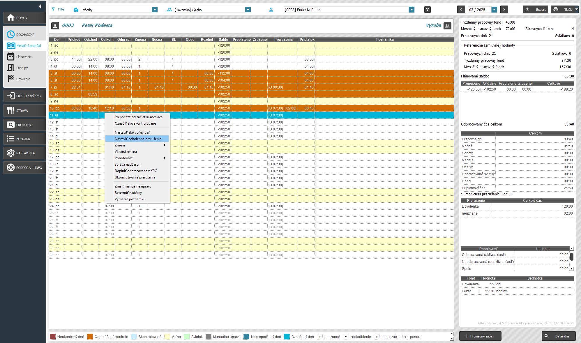 Zadanie celodenného prerušenia v mesačnom prehľade
