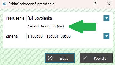 Zadanie celodenného prerušenia - zobrazenie zostatku fondu