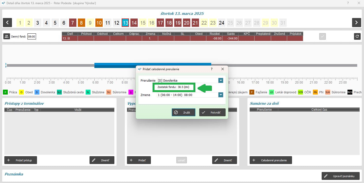 Zadanie celodenného prerušenia - zobrazenie zostatku fondu - v detaile dňa