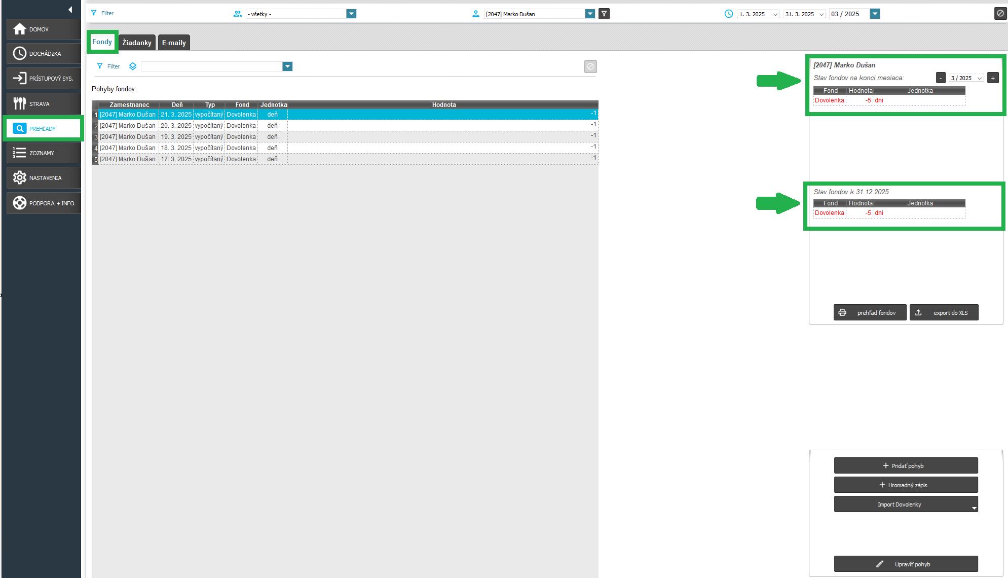 Iba kladné stavy - prekročený fond - v prehľadoch