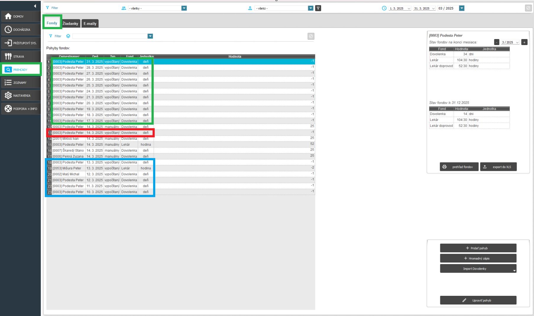 Prehľady - Fondy - pohyb vo fondoch vyvolaný žiadankou