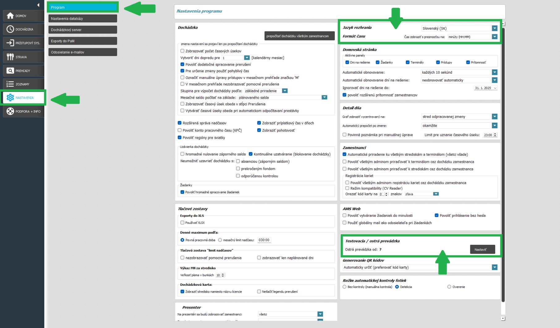 AMS karta Nastavenia - Program - Jazyk rozhrania, formát času a nastavenie ostrej prevádzky