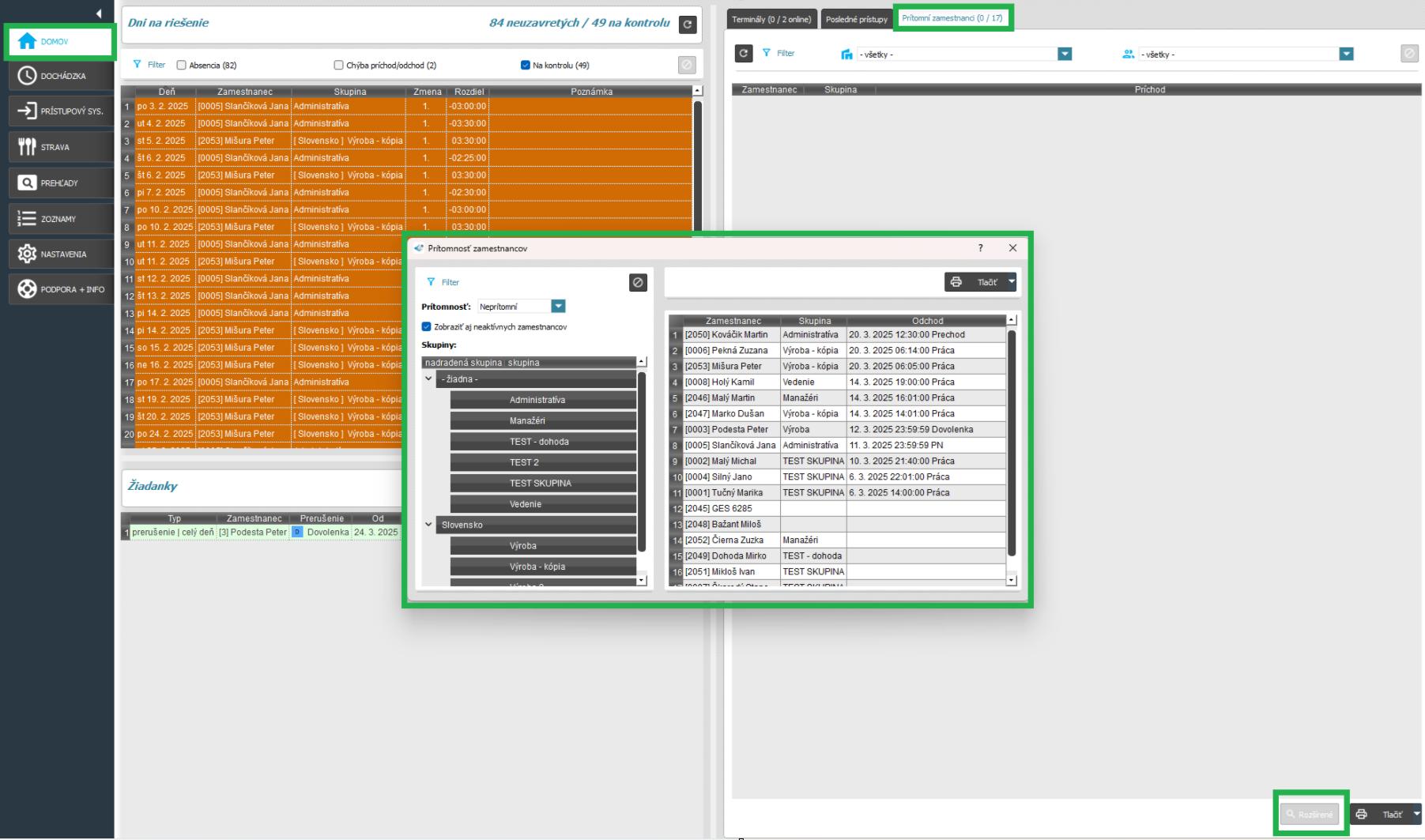Povoliť rozšírenú prítomnosť zamestnancov - zobrazenie v karte Domov