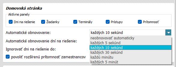 Nastavenia - automatické obnovovanie domovskej stránky - možnosti