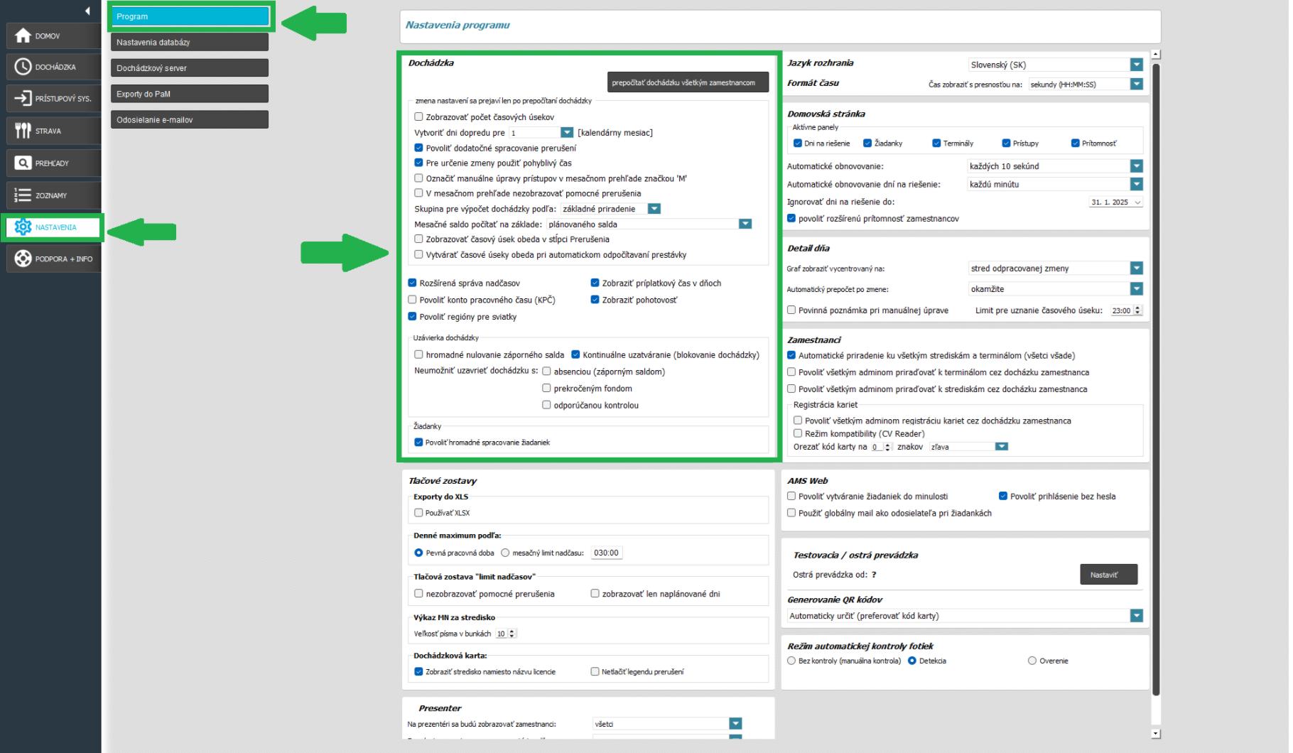 AMS karta Nastavenia - Dochádzka