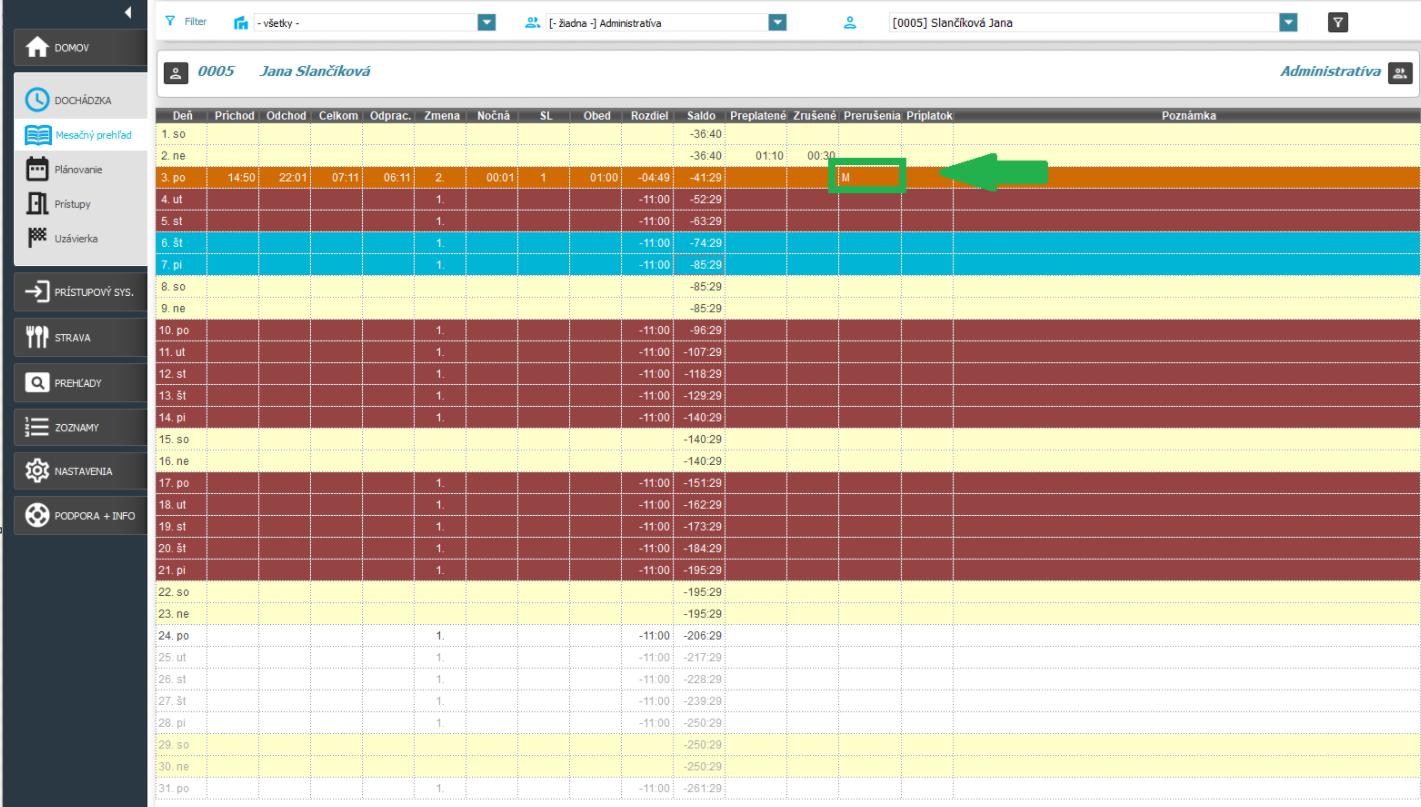 Manuálna úprava označená písmenom M - v mesačnom prehľade