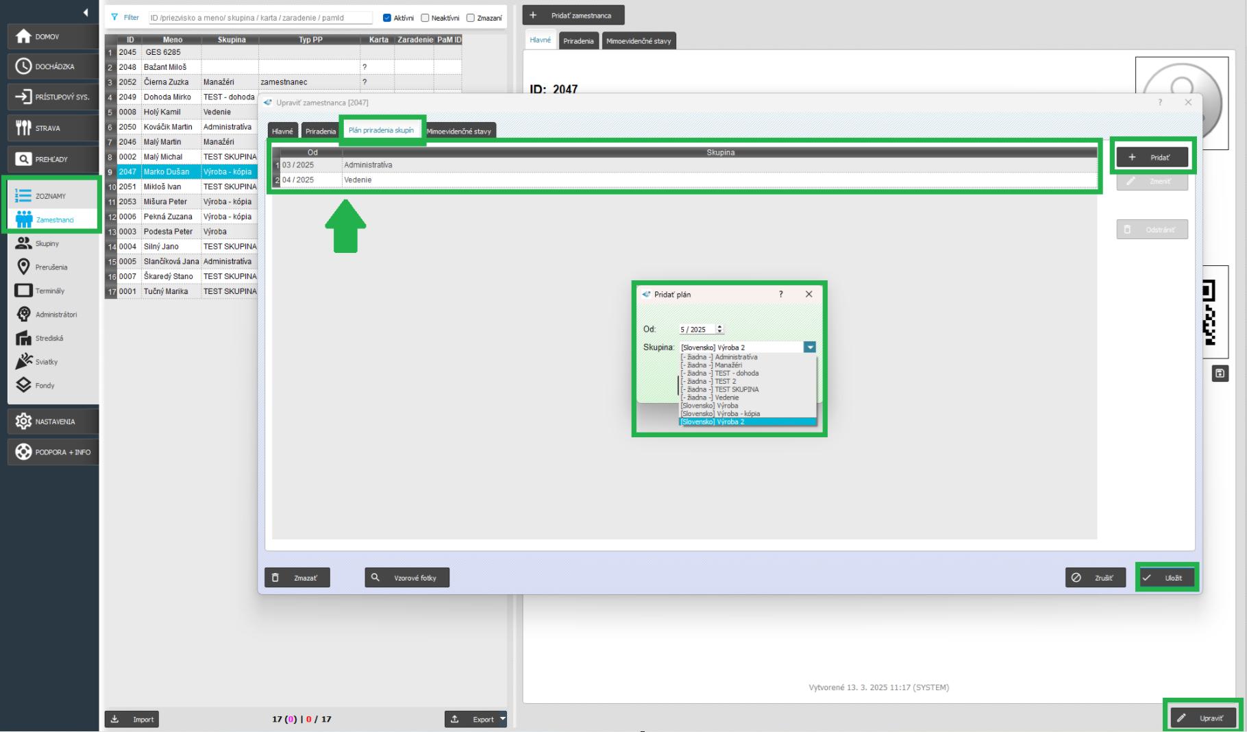 Plán priradenia v karte zamestnanca