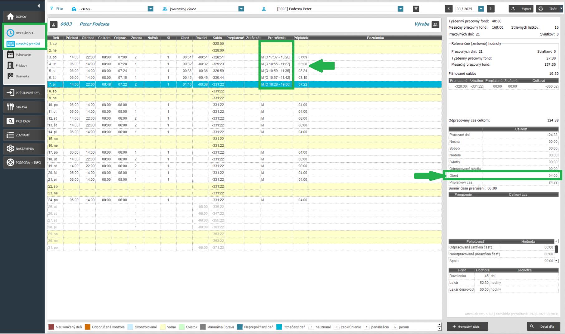 Zobrazovať časový úsek obeda v stĺpci prerušenia - v mesačnom prehľade