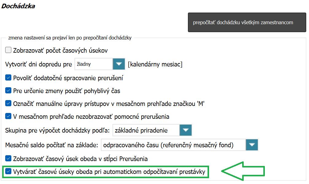 Časový úsek obeda v mesačnom prehľade v stĺpci prerušenia - pri automatickom odpočítaní prestávky