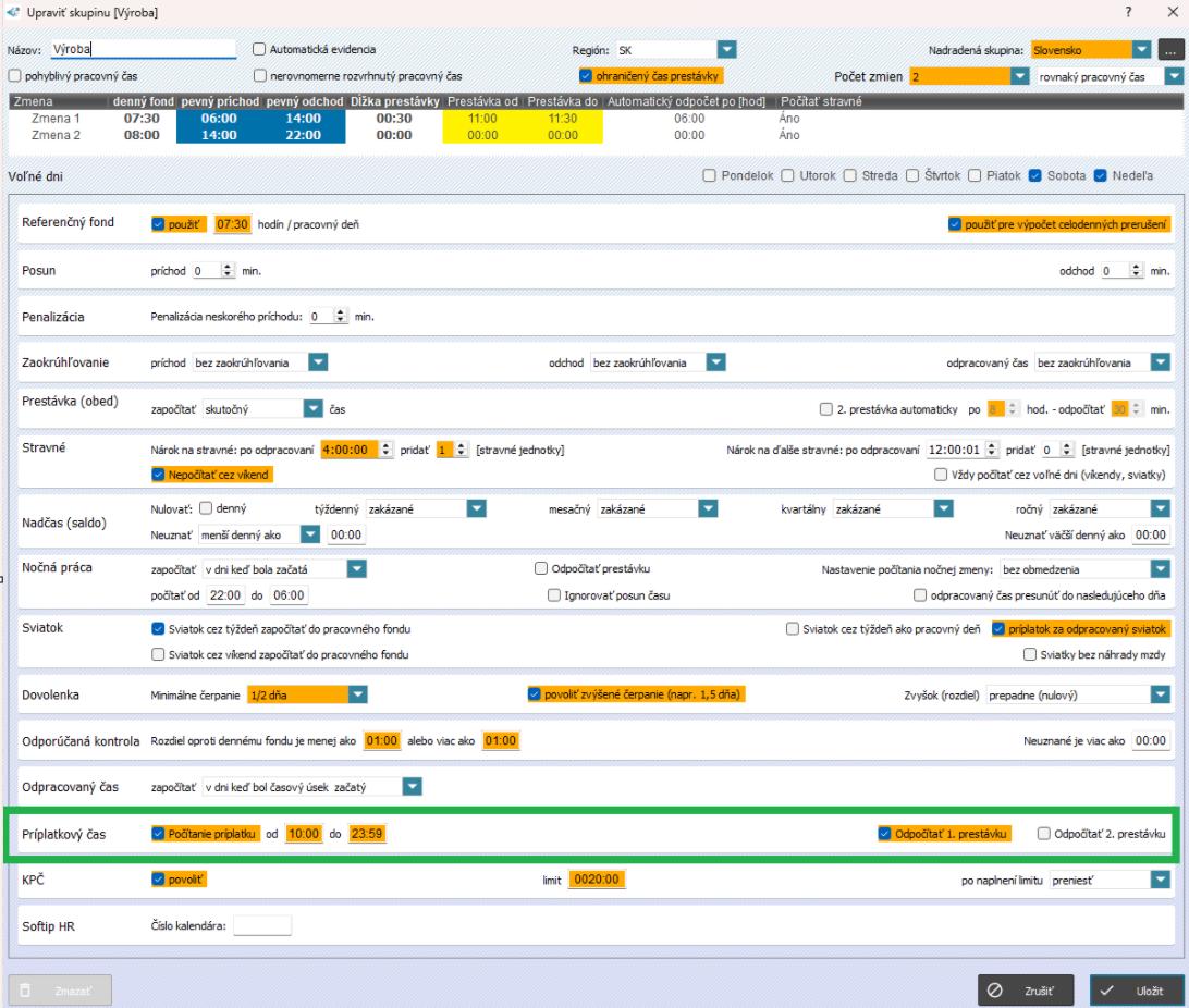 Nastavenie príplatkového času v skupine