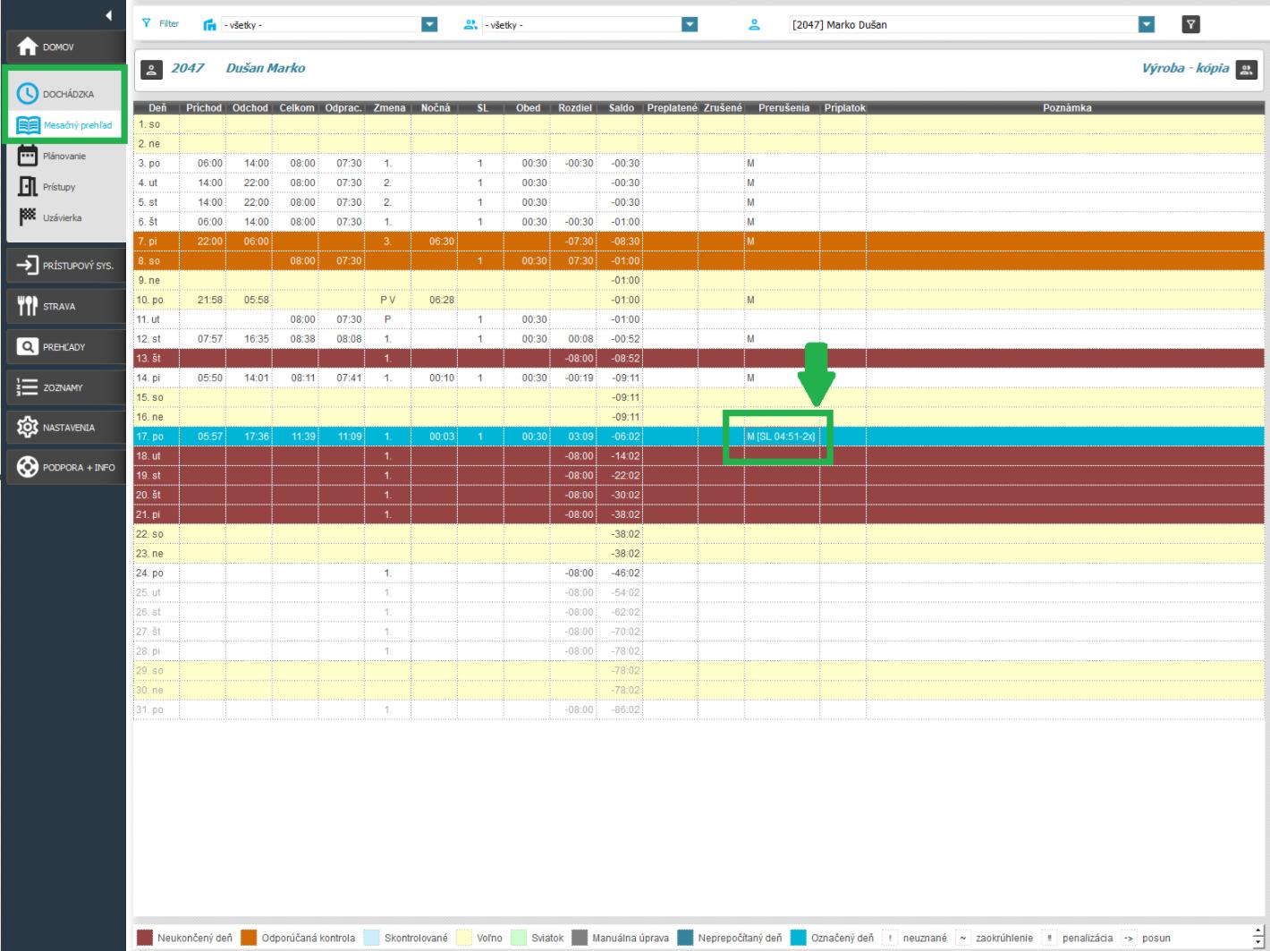 Zobazenie počtu časových úsekov prerušení - v mesačnom prehľade