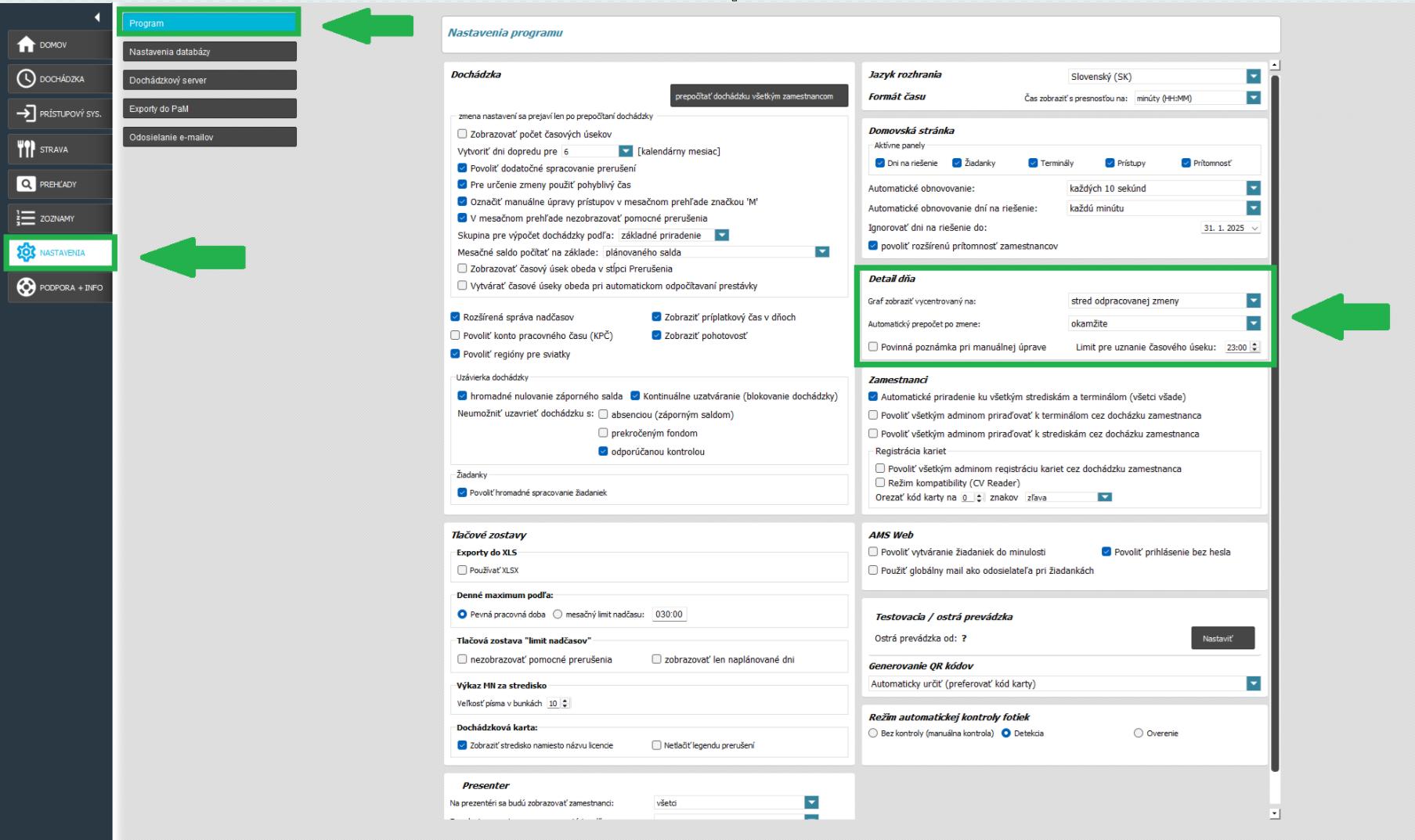 Nastavenia pre Detail dňa