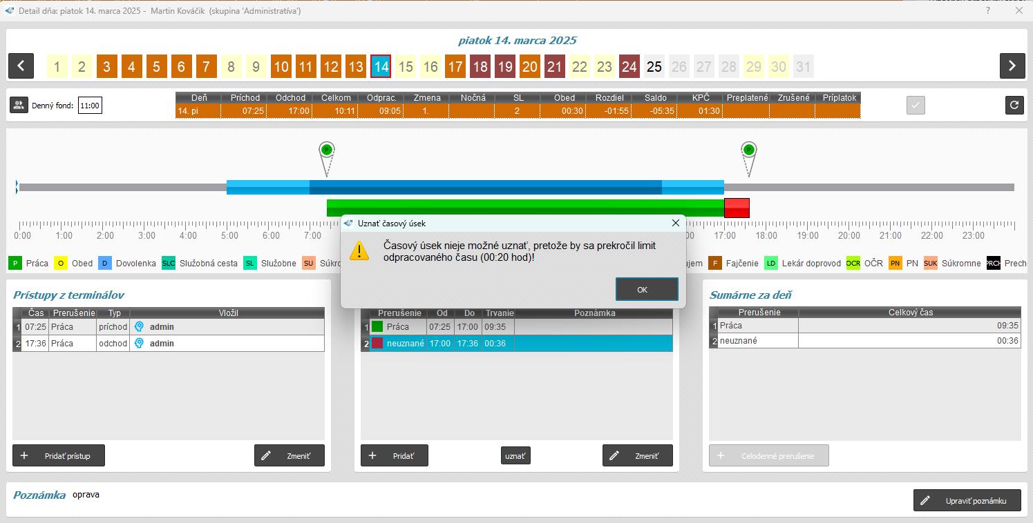 Limit pre uznanie časového úseku - zobrazenie hlásenia v detaile dňa