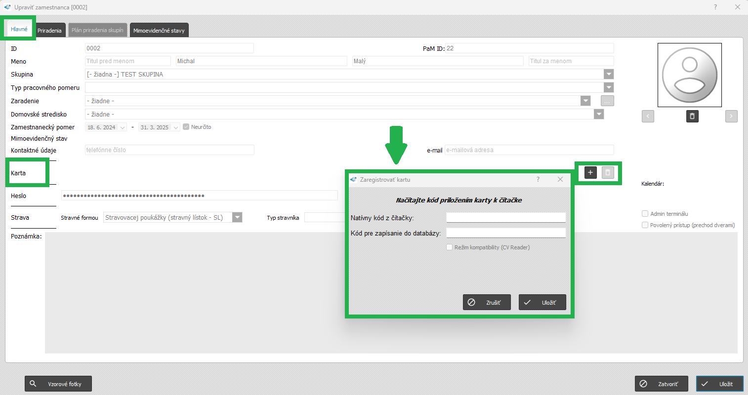 Registrácia kariet - v karte zamestnanca
