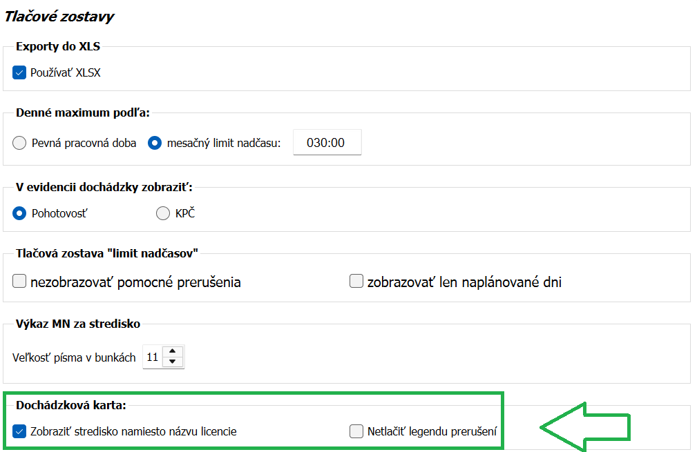 Nastavenia - Program - Tlačové zostavy - Dochádzková karta