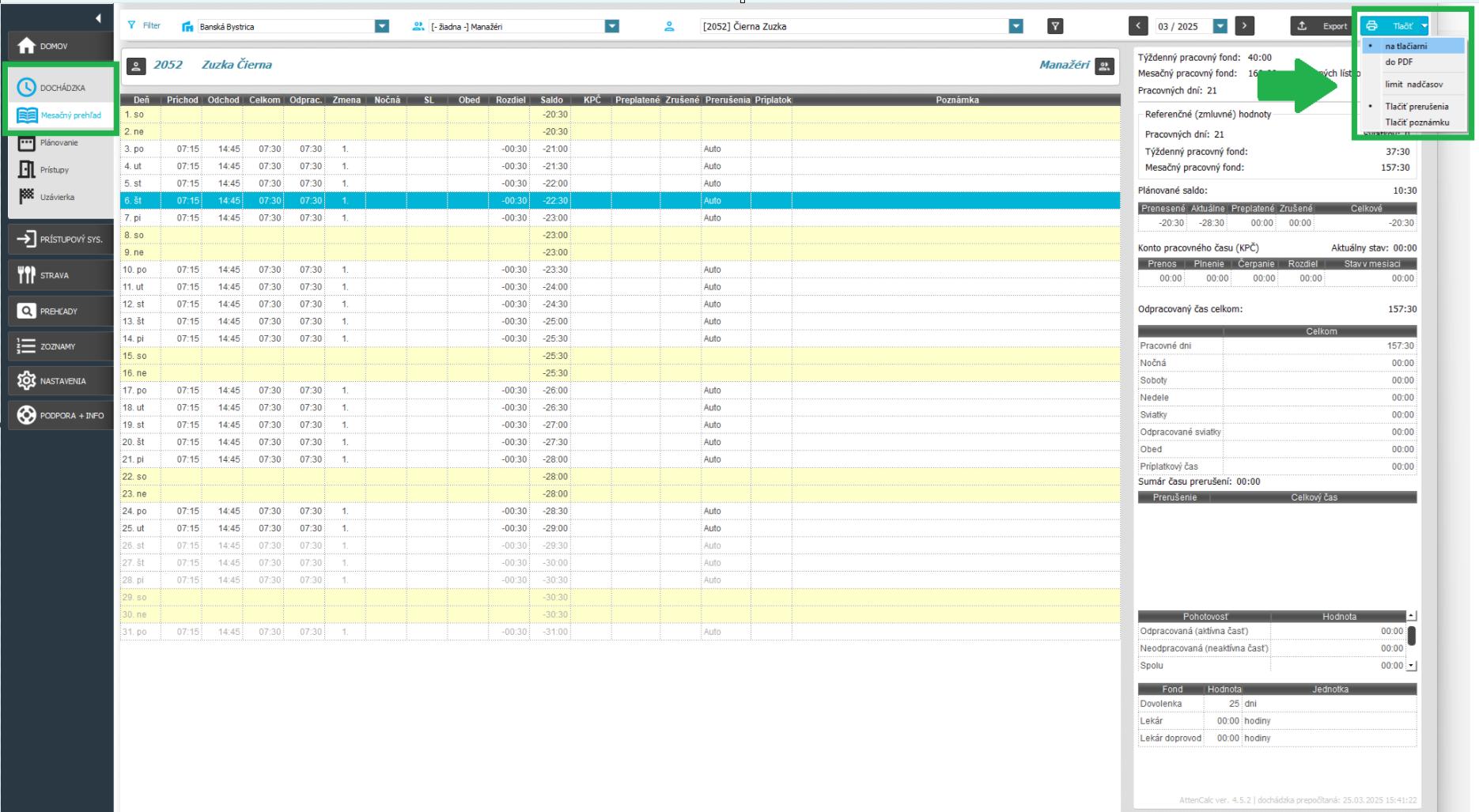 Mesačný prehľad - tlač dochádzkovej karty