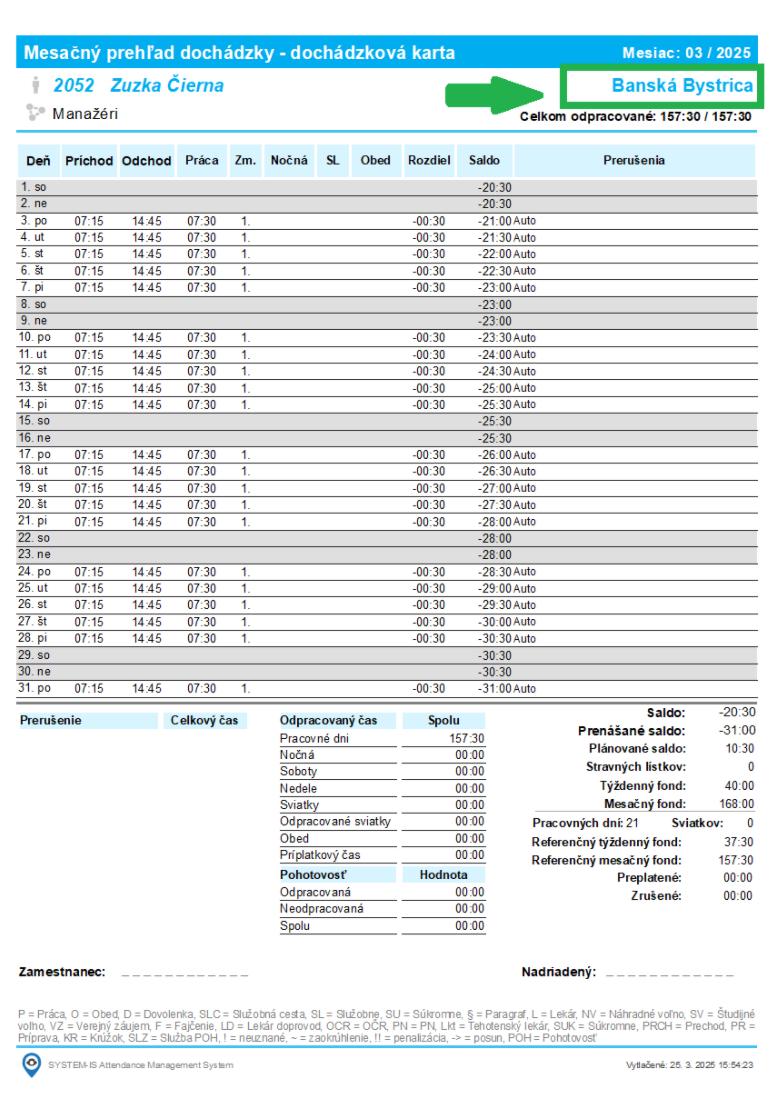 Mesačný prehľad - tlač dochádzkovej karty - zobraziť stredisko namiesto názvu licencie