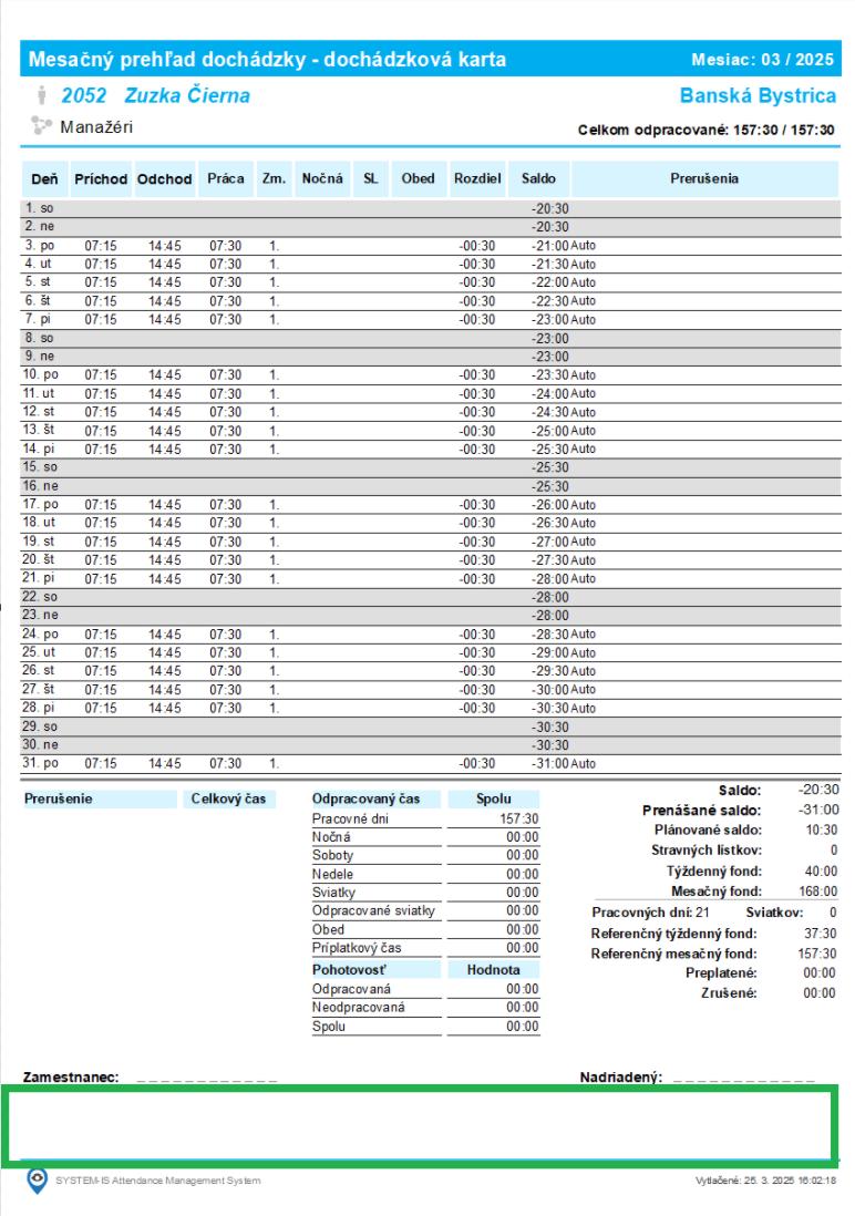 Mesačný prehľad - tlač dochádzkovej karty - netlačiť legendu prerušení - aktívne