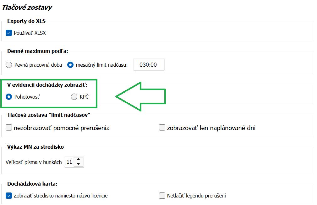 Nastavenia - Program - Tlačové zostavy - V evidencií dochádzky zobraziť
