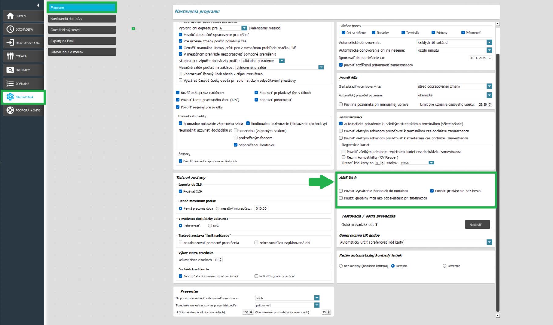Nastavenia - Program - Ďalšie nastavenia - AMS Web