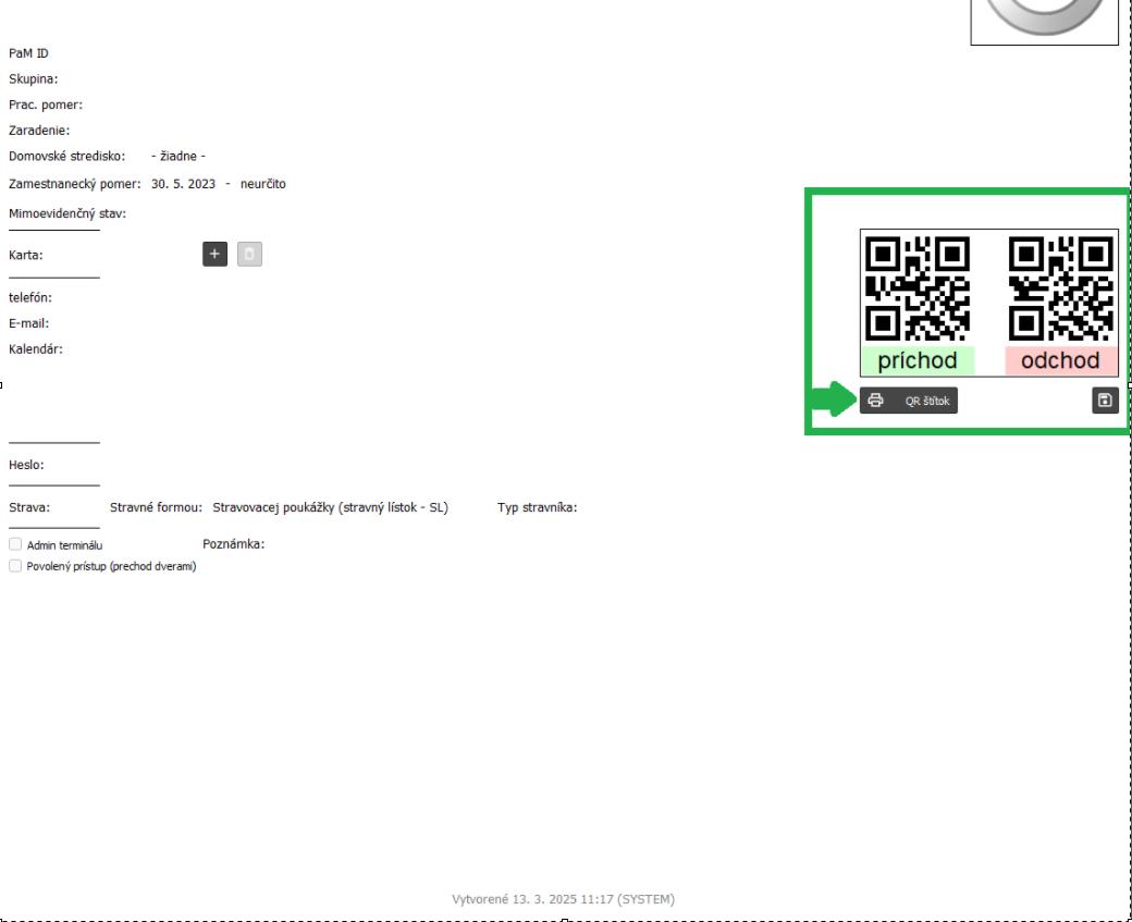 Tlač QR štítku v karte zamestnanca