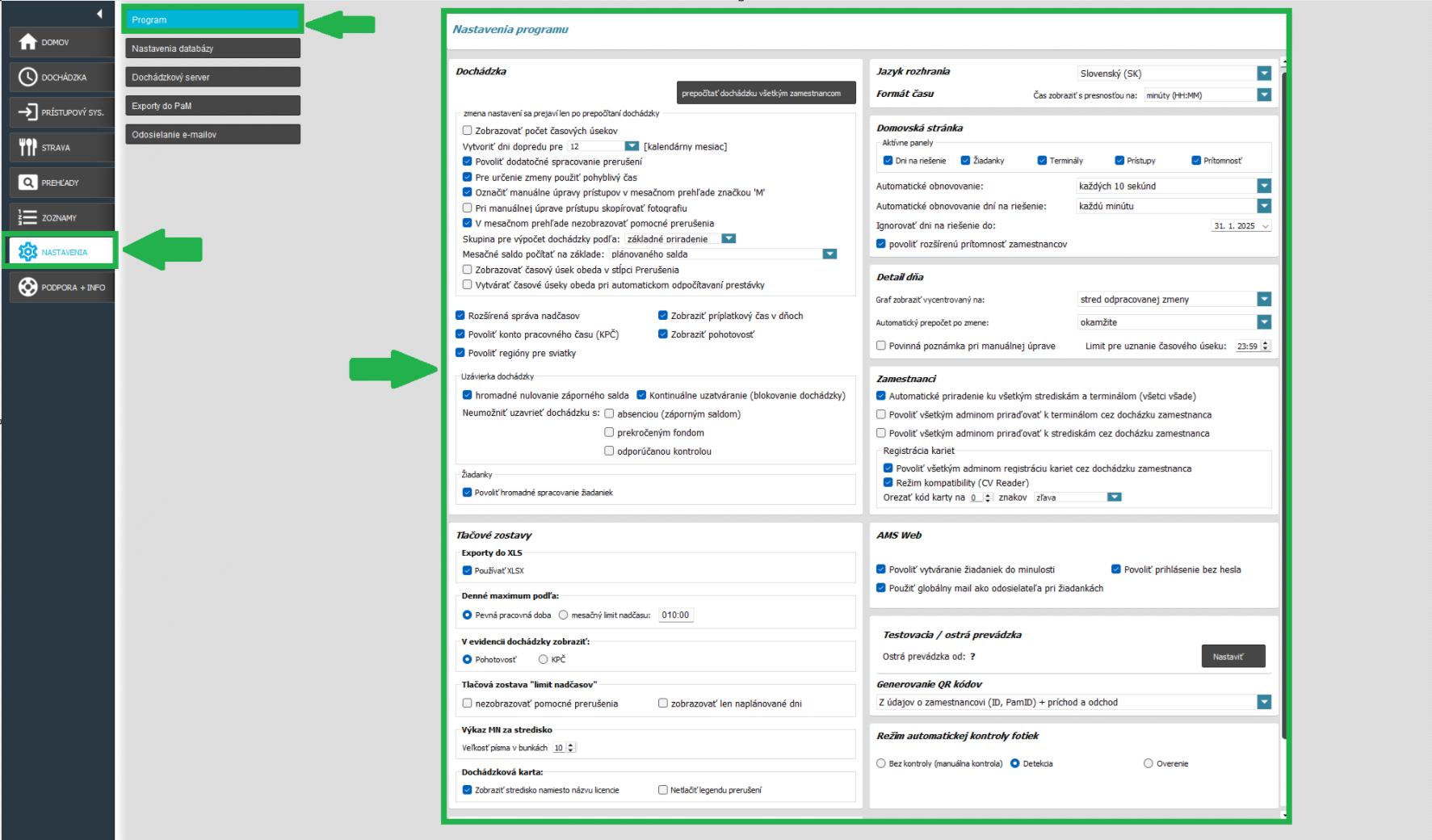 AMS karta Nastavenia - Program