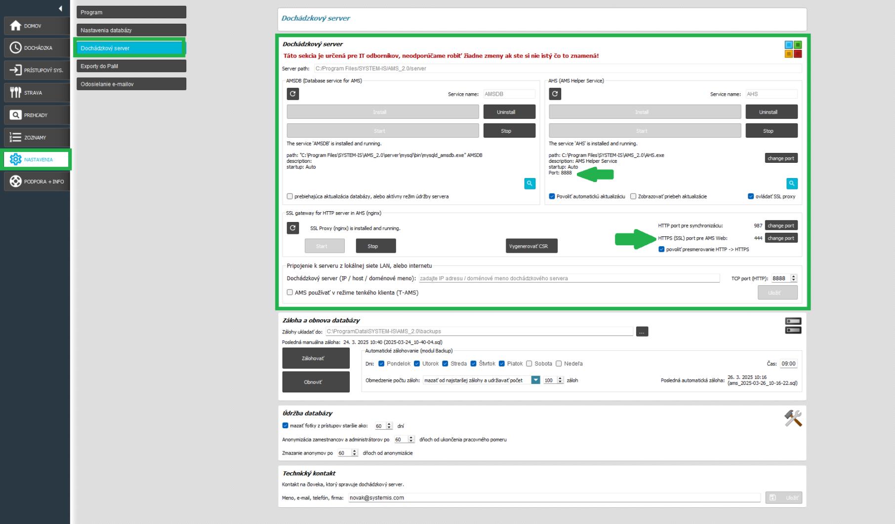 Nastavenia - Dochádzkový server - porty