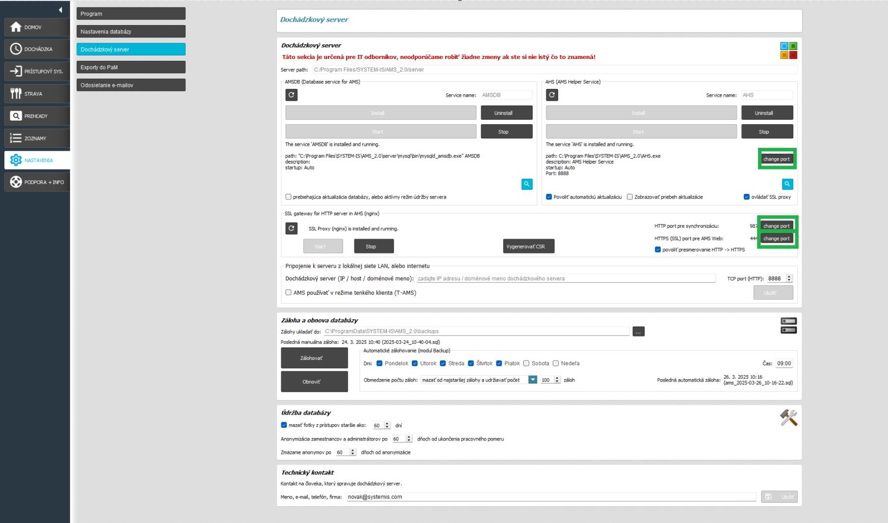 Nastavenia - Dochádzkový server - change port