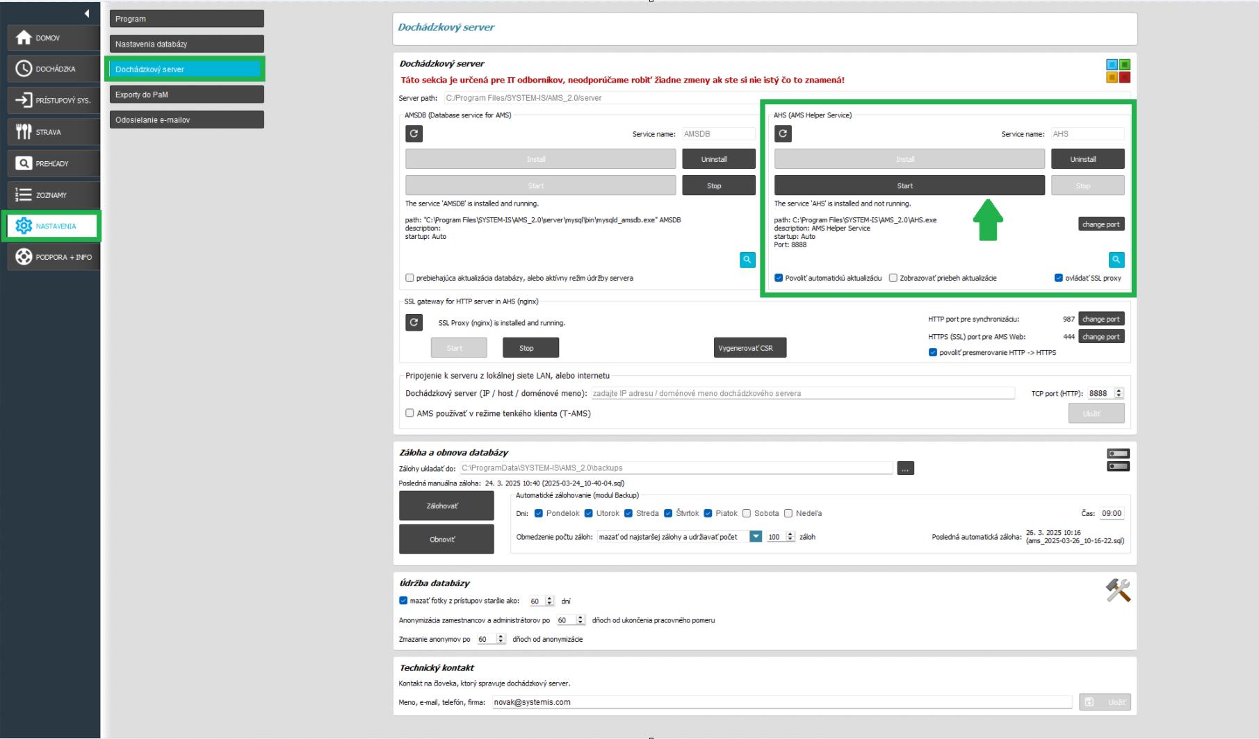 Nastavenia - Dochádzkový server - reštart AHS