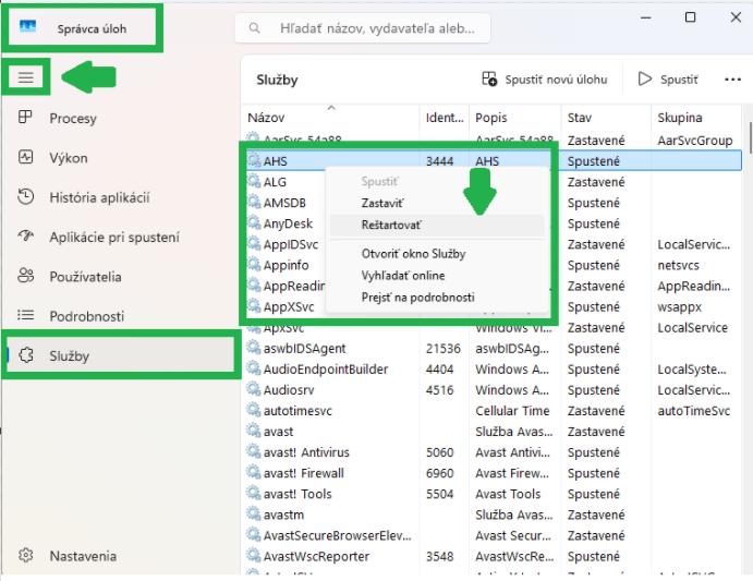 Správca úloh, reštart AHS