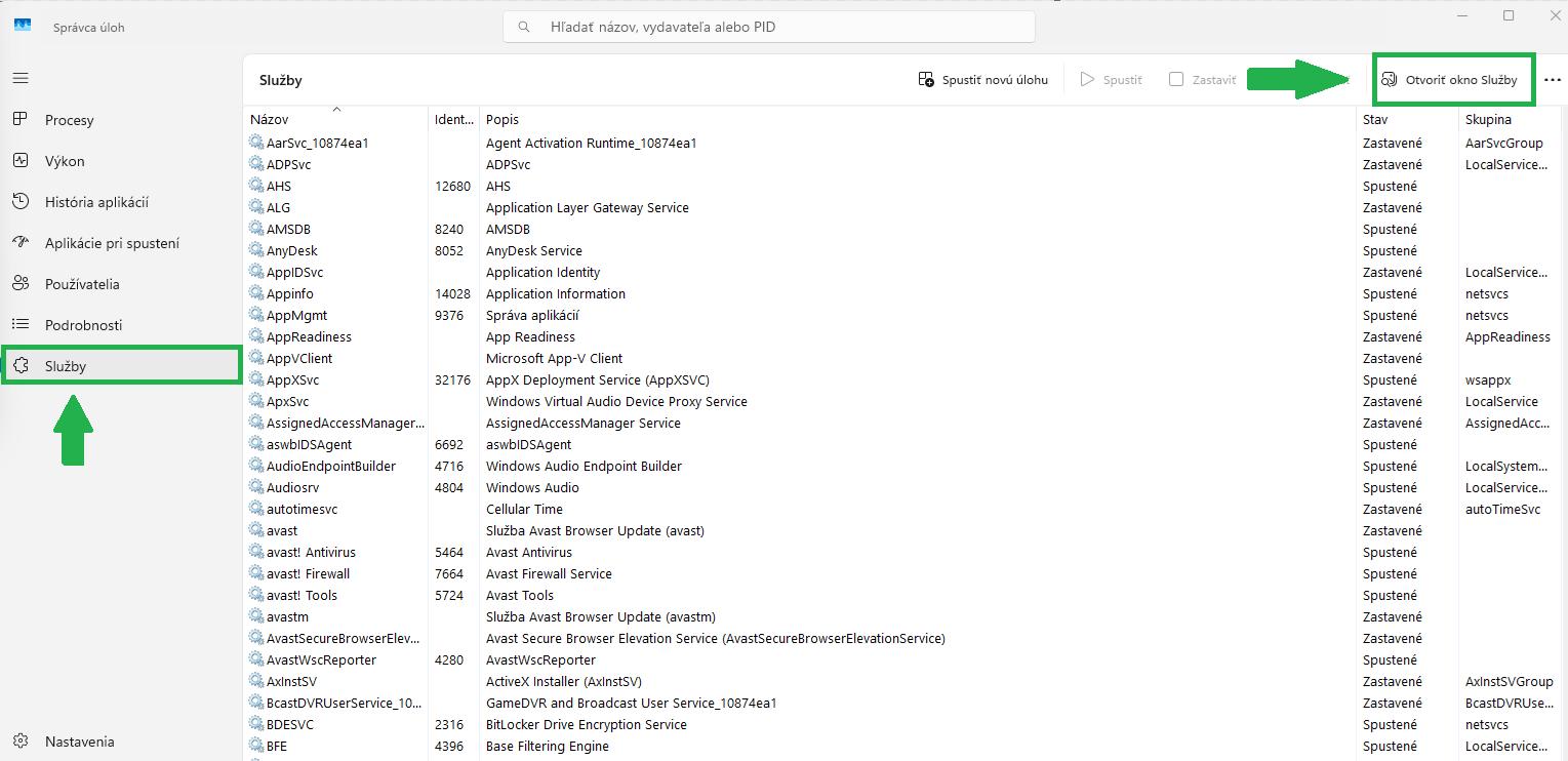 Správca úloh, okno služby