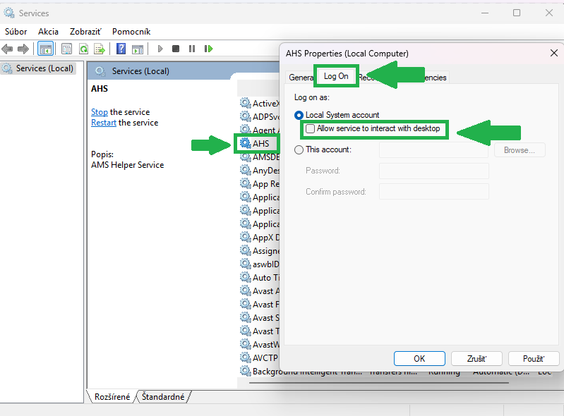 Správca úloh, okno služby - karta Log on