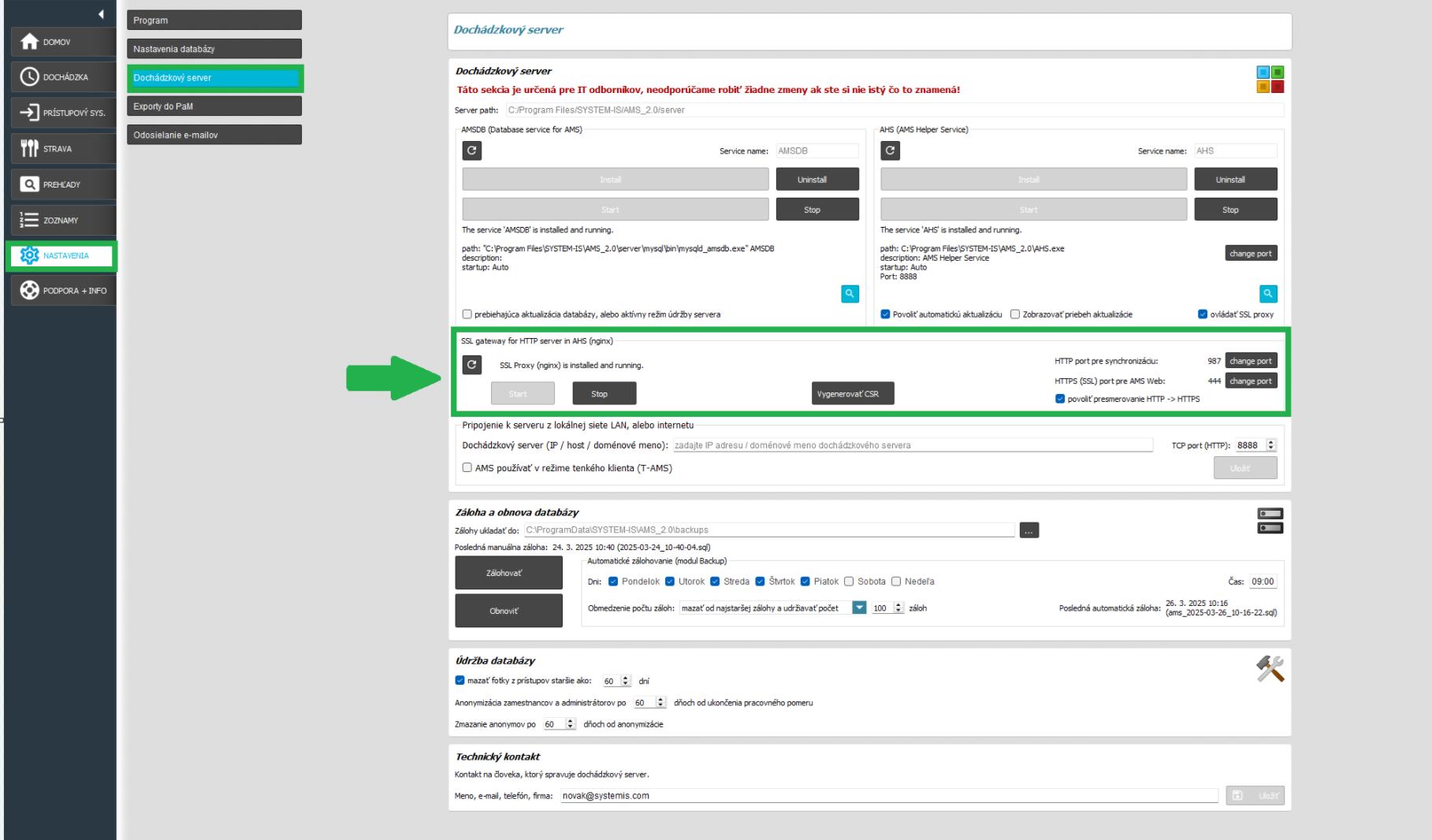 Nastavenia - Dochádzkový server - nastavenie portov