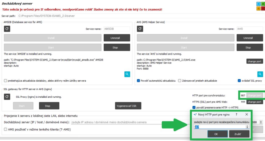 Nastavenia - Dochádzkový server - nastavenie portov - hlásenie