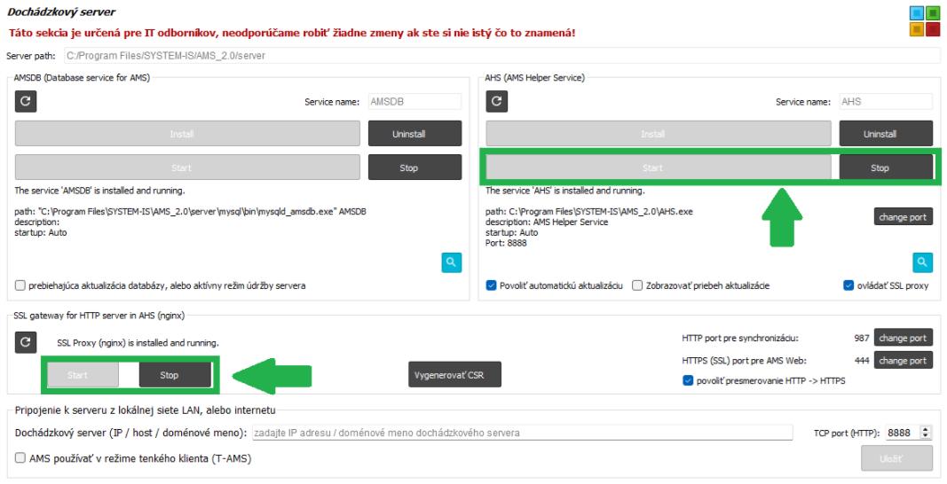 Nastavenia - Dochádzkový server - nastavenie portov - aktívne služby